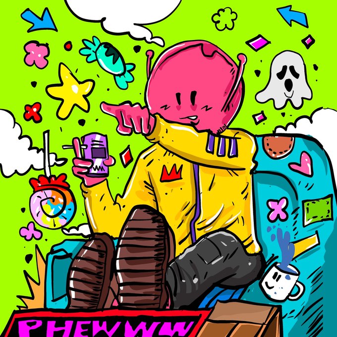 A colorful cartoon illustration of a pink-headed character in a yellow jacket sitting on a blue couch surrounded by candy, a ghost, and a drink, with the text 'PHEW!'.