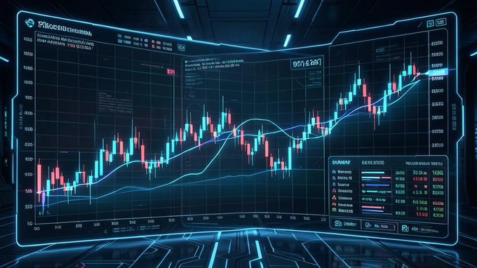 A futuristic, sci-fi style stock trading chart display with candlestick graphs, numerical data, and text on a large glowing screen.