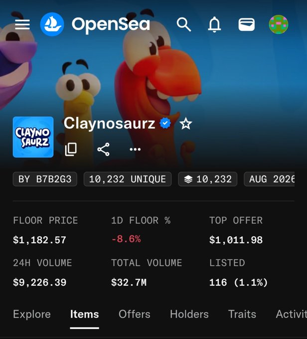 A screenshot of the OpenSea NFT collection listing for "Claynosaurz," showing a floor price of $1,182.57, total volume of $32.7M, and 10,232 unique items created in August 2023. The image confirms the celebratory post announcing Claynosaurz's official availability on OpenSea, with a playful tease for the Popkin trait.