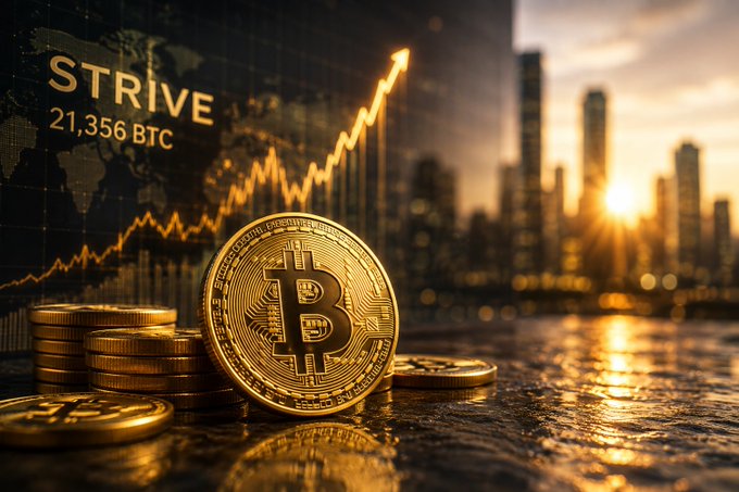 A promotional image displays a stack of gold Bitcoin coins with 'STRIVE 21,356 BTC' on a screen showing a rising chart, set against a sunset city skyline.