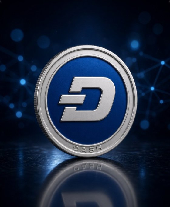 A 3D-rendered silver and blue Dash cryptocurrency coin with the 'D' logo and 'DASH' text, set against a dark blue background with network-like glowing nodes.