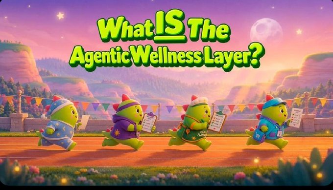 A vibrant 3D-rendered graphic featuring four green dinosaur-like characters running on a track, with large text reading 'What IS The Agentic Wellness Layer?' against a purple and pink sunset backdrop.