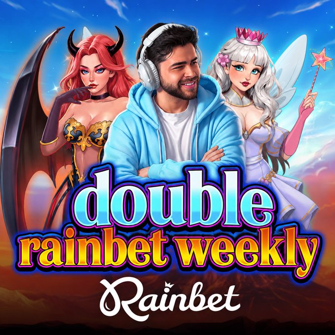 The image features a poster for a video game called "Double Rainbet Weekly" with three cartoon characters representing a man, woman, and fairy. The man has his arms crossed over his chest while wearing headphones, the woman is holding a wand, and the fairy is wearing a crown. The background of the poster shows a sunset or sunrise, adding to the overall atmosphere of the game. The post also mentions that there are "KICK" and "IN total rewards!", which could be related to the game's mechanics or prizes for players who complete certain tasks within the game.