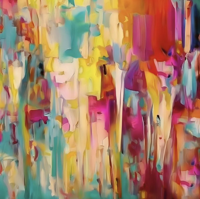 An abstract painting featuring vibrant vertical drips and strokes of multicolored paint in shades of teal, pink, yellow, orange, and purple.