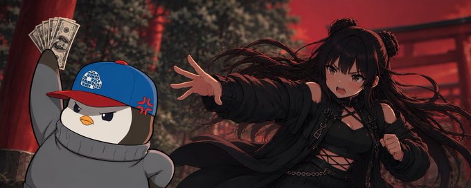 The image shows a cartoon penguin wearing a blue "LA" Dodgers cap holding a fan of $100 bills next to an anime-style woman in dark clothing reaching out dramatically, set against a red-tinted background with a torii gate. The visual contrasts the promised wealth and excitement of an NFT project like Hazels with the serious financial concerns raised by its high mint prices relative to supply.