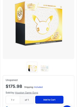 A boxed Pokémon Celebrations Elite Trainer Box (30th Anniversary edition) priced at $175.98 is listed for sale on eBay by Houston Game Guys, suggesting another example of a Pokémon product selling at a premium above MSRP—illustrating the post's claim that the Pokémon market reliably commands high resale prices.
