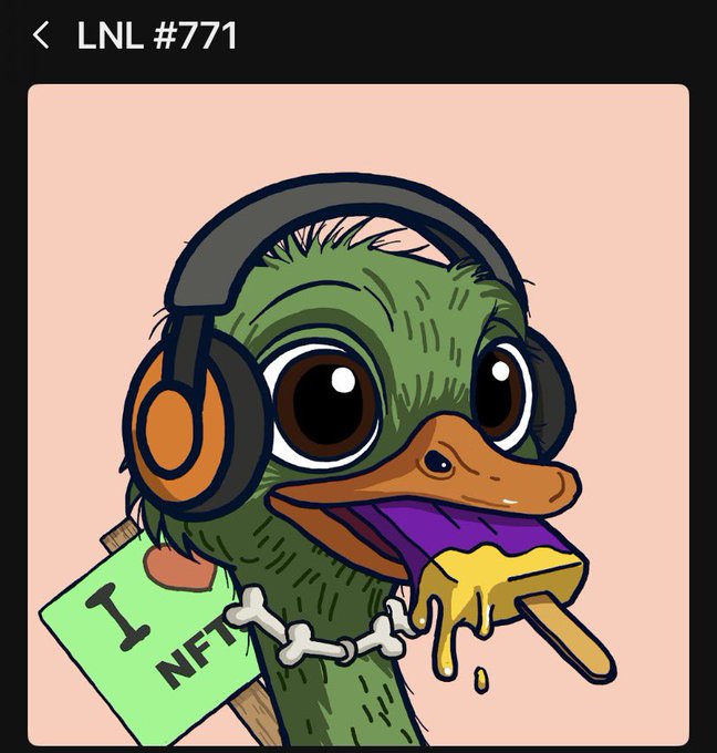 A cartoon illustration of a green duck with large eyes wearing headphones and a bone necklace, holding a dripping popsicle and a green sign reading "I [heart] NFT," with "LNL #771" displayed at the top, celebrating a winner of the Long Neck Legends NFT collection on the Solana blockchain.