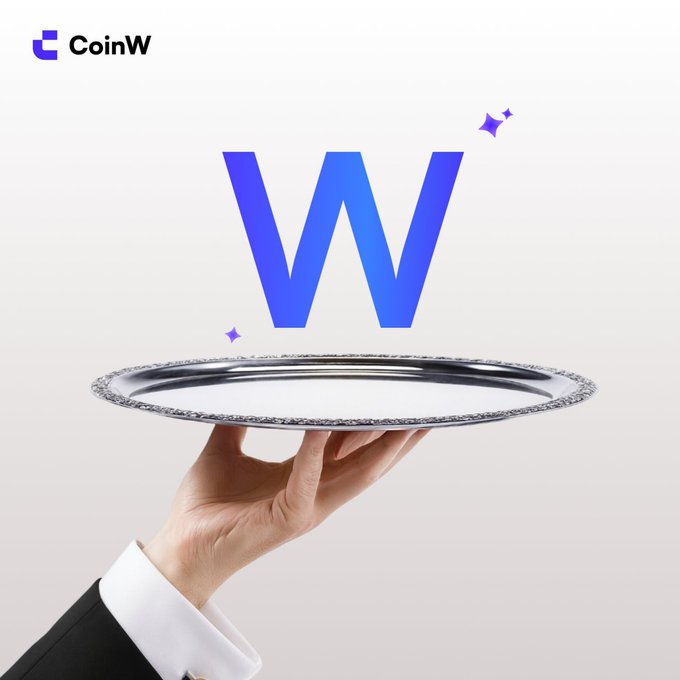 The image shows the CoinW logo (top left) alongside a hand in a suit sleeve presenting a silver tray, from which a large blue-purple letter "W" emerges with sparkle accents — visually reinforcing the post's "W" as a symbol of victory, fitting the caption "Success is best served with a W."