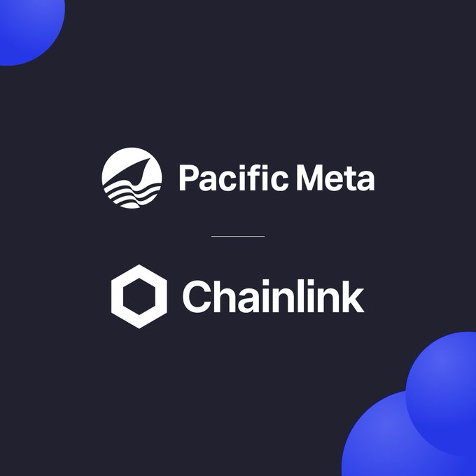 The image displays the logos of Pacific Meta and Chainlink against a dark background with blue circular design elements, illustrating the strategic partnership between Tokyo-based Pacific Meta and Chainlink Labs announced in the accompanying post about bringing Chainlink's CCIP technology to Japan's financial sector.