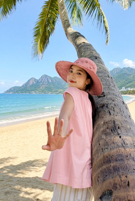 A young woman in a pink sun hat and matching pink top leans against a palm tree on a tropical beach with mountains visible in the background.