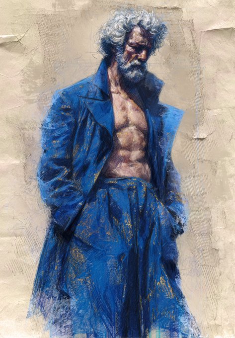 A textured painting of an older, bearded man with gray curly hair, wearing an open blue coat revealing his muscular torso, with gold accents on the blue fabric.