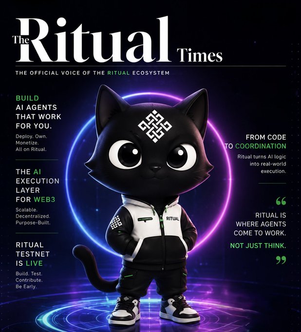 Promotional graphic for 'The Ritual Times' featuring a cartoon black cat mascot in a tracksuit, advertising AI agent building, Web3 execution, and a live testnet.