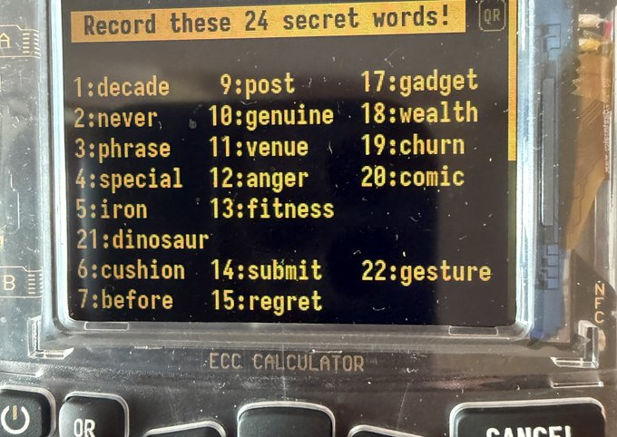 A screen displaying a crypto hardware wallet's recovery seed phrase with the instruction "Record these 24 secret words!" listing words like decade, never, phrase, special, iron, cushion, before, post, genuine, venue, anger, fitness, submit, regret, gadget, wealth, churn, comic, dinosaur, and gesture.