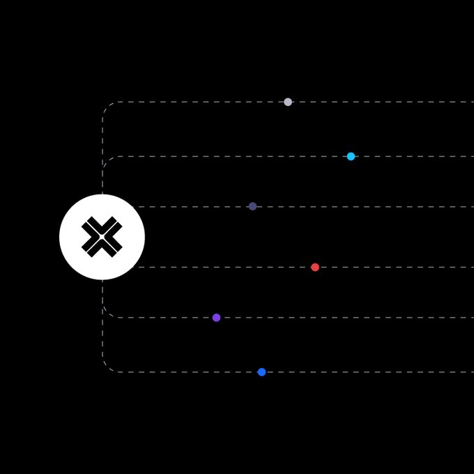 A central X-shaped logo branches out via dashed lines to multiple colored endpoints on the right, visually representing a multichain interoperability layer connecting various blockchain networks to a unified hub. This graphic illustrates the post's message about building infrastructure that enables different chains to communicate and serve different purposes in a multichain ecosystem.