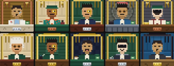A grid of 10 pixel-art portraits depicting various male characters with different hairstyles, facial hair, and outfits.