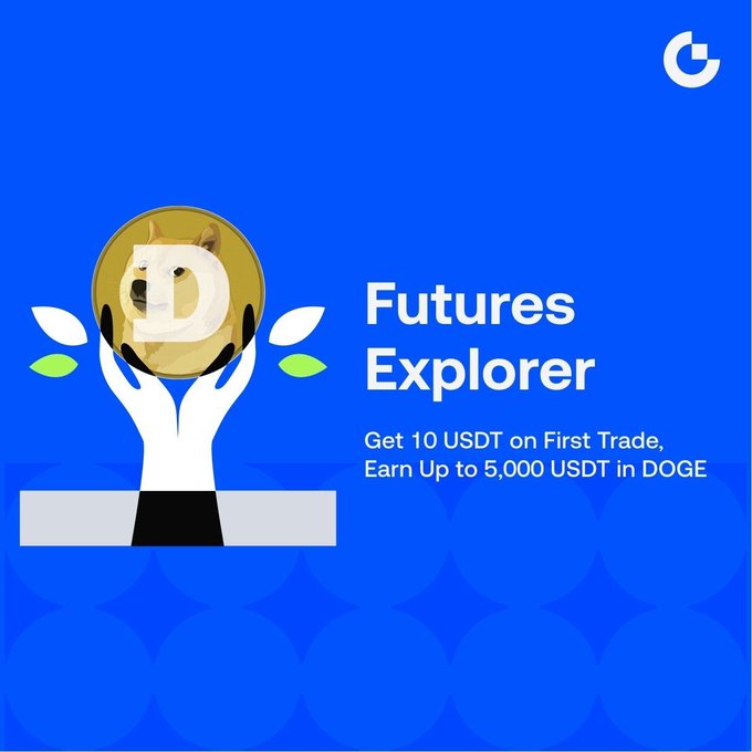 This image promotes "Futures Explorer" with the offer to "Get 10 USDT on First Trade, Earn Up to 5,000 USDT in DOGE", which aligns with the provided post detailing the same promotion.