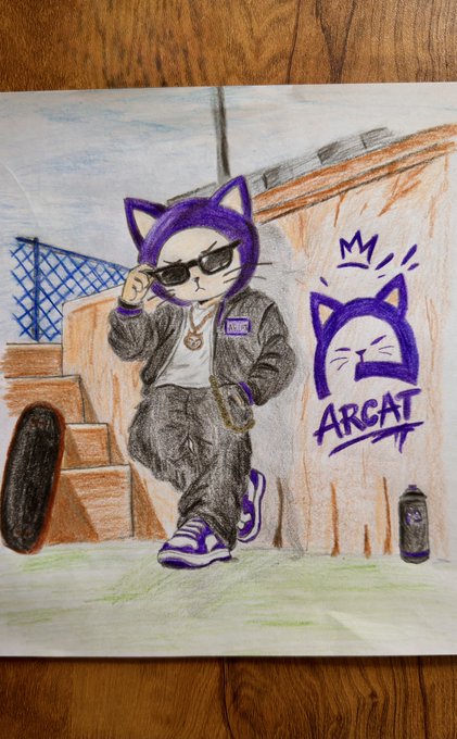 A hand-drawn colored pencil illustration features a character wearing a purple cat-eared hoodie and sunglasses next to graffiti that reads 'ARCAT' with a cat logo.