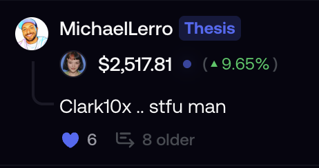 A screenshot of a social media reply from user MichaelLerro (Thesis) showing $2,517.81 with a 9.65% gain, with a comment from Clark10x saying '.. stfu man' with 6 likes.