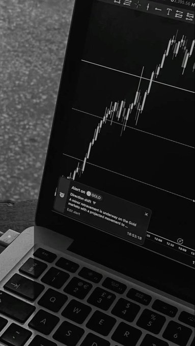 A black-and-white image of a laptop screen displaying a financial chart with a notification popup reading 'Alert on GOLD' indicating a price movement to 3235.95.
