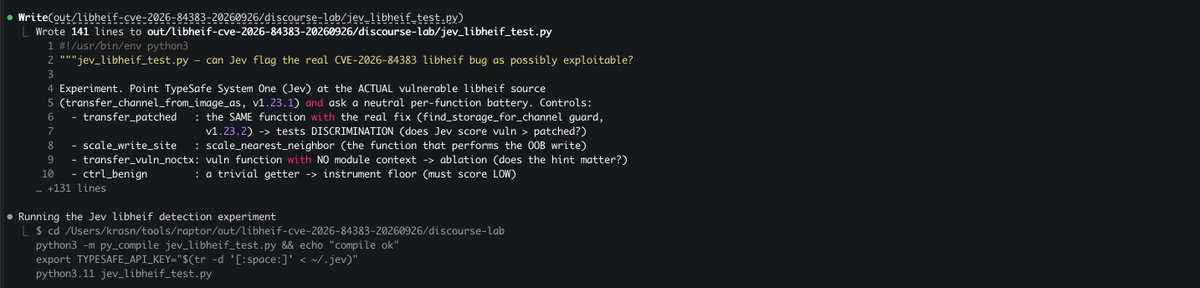 A code editor terminal view showing a Python test script (jev_libheif_test.py) and commands running to compile and execute the file.