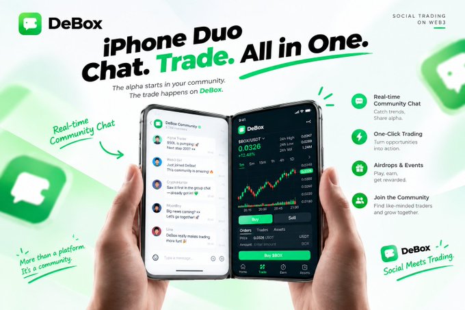 A promotional graphic for 'DeBox' showing an iPhone Duo with 'Chat. Trade. All in One,' featuring real-time community chat and one-click trading features.