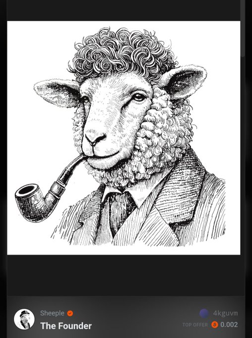 A black and white sketch of a sheep dressed in a suit and smoking a pipe, labeled "Sheeple - The Founder" with a top offer of 0.002.