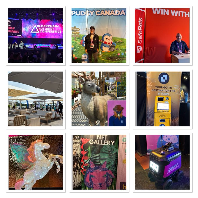 A 3x3 collage of photos from a blockchain/crypto conference, featuring images labeled 'BLOCKCHAIN FUTURIST CONFERENCE', 'PUDGY CANADA', 'SafeBets', a Bitcoin ATM, 'NFT GALLERY', and a robot mascot.