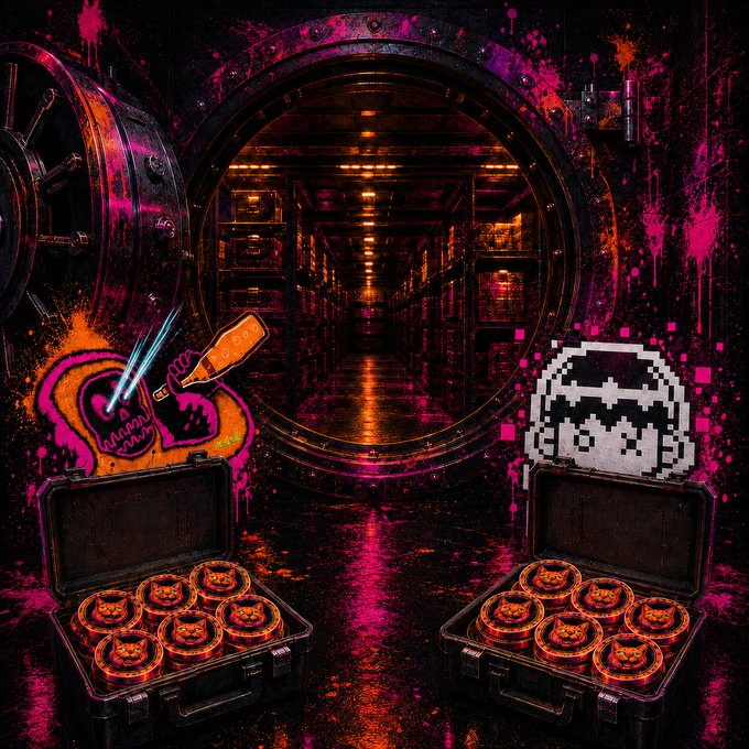 A vibrant, cyberpunk-style digital artwork showing an open vault with two briefcases full of Shiba Inu coins, a pixel art alien/astronaut head, and graffiti art on the left, with neon pink and orange splashes.