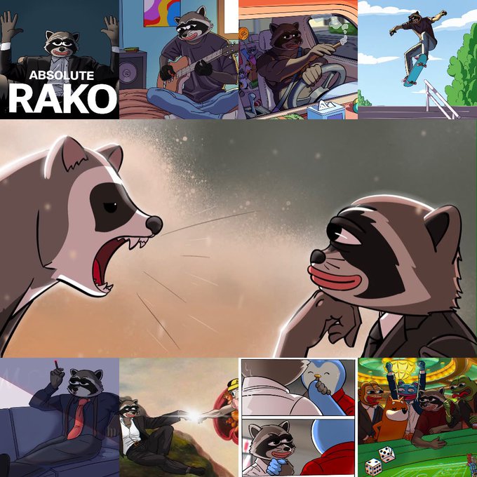 This image is a collage of raccoon memes, some featuring the text "ABSOLUTE RAKO," that humorously depicts various scenarios, suggesting a strong positive sentiment towards the "$RAKO" cryptocurrency.