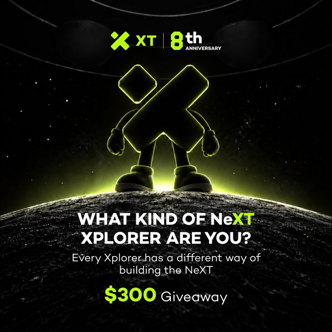 An XT 8th Anniversary promotional graphic featuring a glowing green X-shaped character on a lunar surface, with the text "WHAT KIND OF NeXT XPLORER ARE YOU?" and "$300 Giveaway."