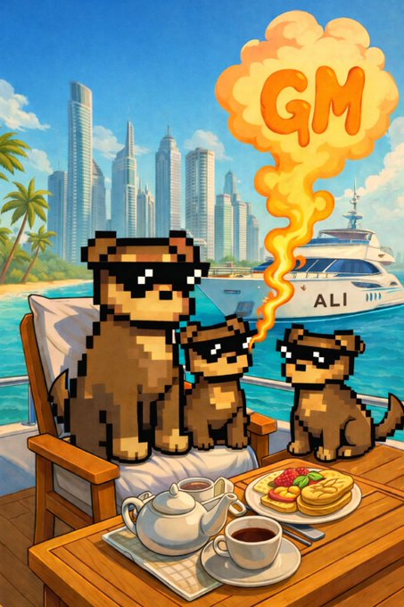 The image features a cartoon scene of three dogs sitting together at a table, enjoying breakfast. The table has various items such as cups, plates, sandwiches, and a cake. There are also two chairs visible in the scene. The main focus is on the dogs and their mealtime setting, with the text "GM gTRIA CT One thing becoming clear is that AI agents will need infrastructure that can move capital across chains without friction". This suggests that the dogs' breakfast could be part of a larger system or project involving AI agents and capital movement.