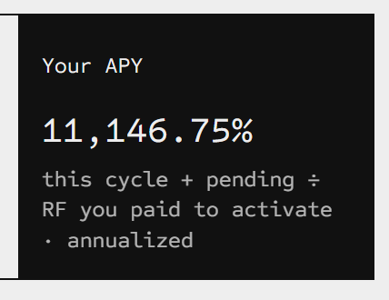 A black screen displays 'Your APY 11,146.75% this cycle + pending ÷ RF you paid to activate · annualized'.