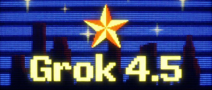 A retro-style pixelated graphic featuring a glowing orange-yellow star above the bold text "Grok 4.5," set against a blue digital background, visually promoting the launch of Grok 4.5's availability through xAI.