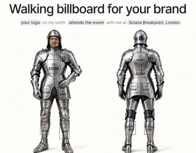 An advertisement titled 'Walking billboard for your brand' showing a person in knight armor from front and back views, with various body parts marked as advertising spaces priced from $350 to $1200, promoting an appearance at 'Solana Breakpoint, London'.