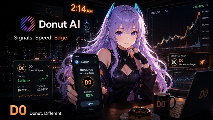 The image shows a promotional graphic for "Donut AI," featuring an anime-style character with purple hair and cat ears holding a smartphone displaying a "DO SIGNAL Incoming Token" Telegram alert with 92% confidence, alongside a "TREND Bullish" notification for token DO showing entry at $0.02418 and target $0.03150, with a DO/USDT chart in the background showing +18.47% gains. The visual ties directly to the post's narrative of late-night trading decisions, illustrating the moment when multiple signals flood in—chart momentum, Telegram buzz, and contract alerts—creating the pressure to act fast that Donut AI appears positioned to solve.