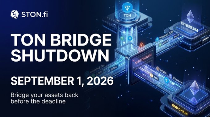 A promotional graphic for 'STON.fi' announcing a 'TON BRIDGE SHUTDOWN' on 'SEPTEMBER 1, 2026', instructing users to 'Bridge your assets back before the deadline', set against a 3D illustration of blockchain networks like TON, Ethereum, and BNB Chain.