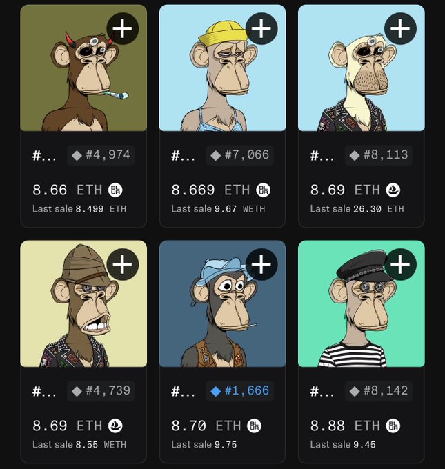 This is an illustration of a bunch of different monkey characters, each with their own unique features. The colors used are predominantly brown and black, giving them a somewhat dark look. Each monkey character has been assigned a number or price tag, ranging from $9.69 to $99.46, depending on the specific attributes of that particular monkey. Additionally, there is an option at the bottom for the viewer to add a "+" symbol next to their preferred price, indicating whether they would buy this particular item if it were available in real life.