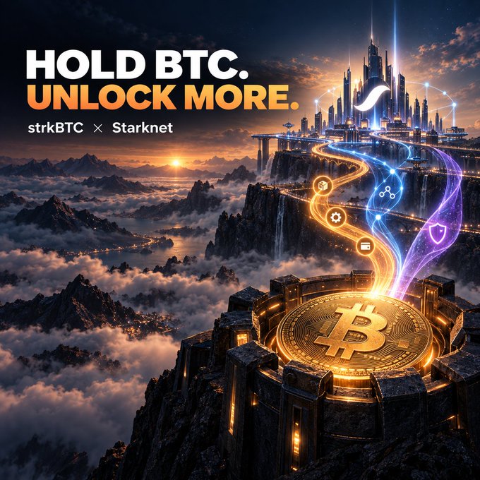 The image is a promotional graphic featuring a glowing Bitcoin coin atop a mountain fortress with a futuristic city in the sky, connected by colorful streams of light to floating icons—bearing the headline "HOLD BTC. UNLOCK MORE." and "strkBTC × Starknet." It visually reinforces the post's message of keeping long-term BTC holdings active by bridging through Garden Finance to receive strkBTC on Starknet, symbolizing how idle Bitcoin can unlock new DeFi opportunities.