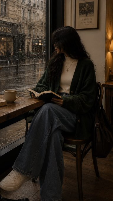 A moody photograph of a woman in a green cardigan and jeans reading a book by a rain-streaked window in what appears to be a Paris cafe.