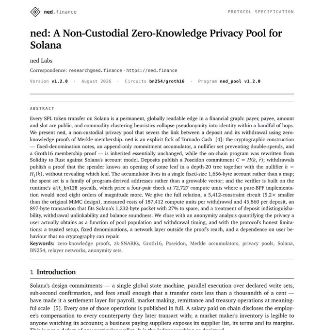 Academic paper titled 'ned: A Non-Custodial Zero-Knowledge Privacy Pool for Solana' by ned Labs (Version v1.2.0, August 2026), detailing a privacy protocol using zero-knowledge proofs on Solana.