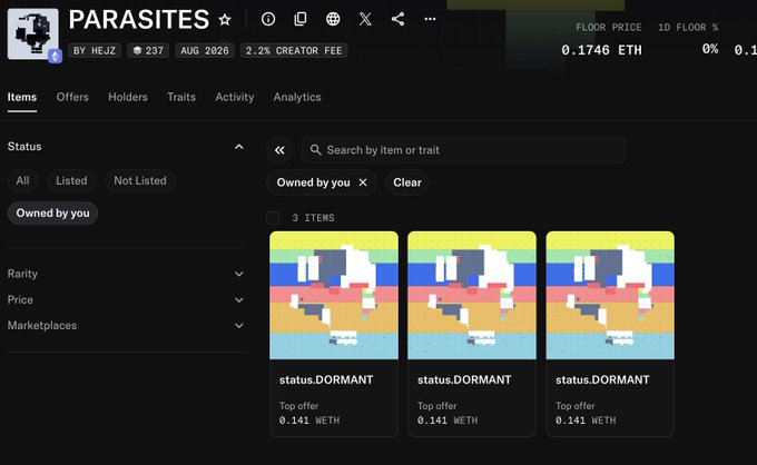A screenshot of the OpenSea NFTs marketplace displaying the "PARASITES" collection by HEJZ, showing three "status.DORMANT" items owned by the user, each with a top offer of 0.141 WETH, out of a total of 555 fully onchain pieces.