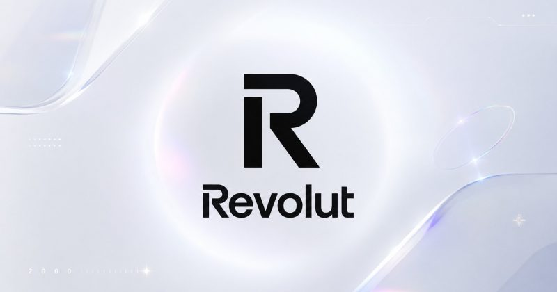 The image displays the Revolut logo and brand name centered on a sleek, futuristic background featuring soft white gradients and subtle orbital rings. This visual accompanies the announcement of Revolut launching its new EURR stablecoin across eligible European customers in Denmark, Poland, and Portugal.
