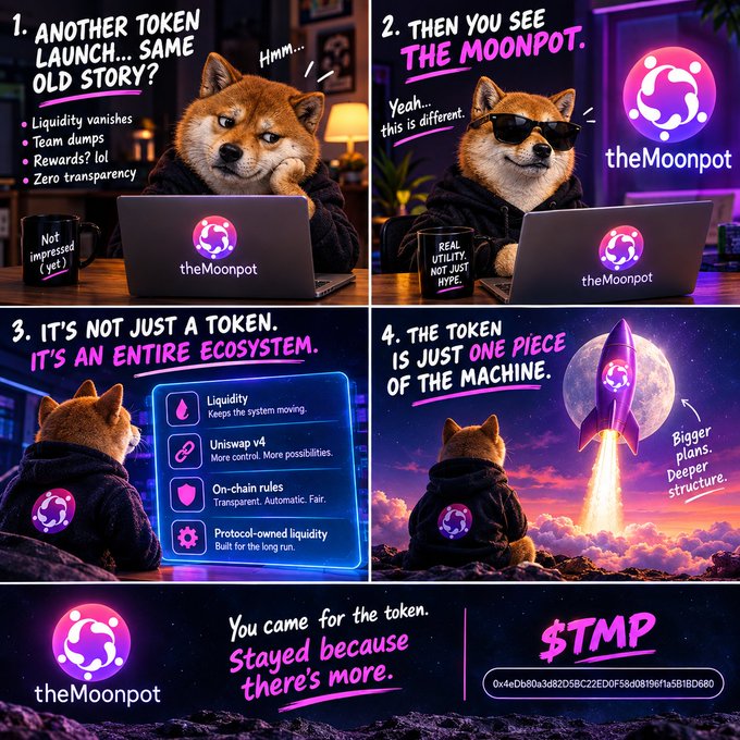 A four-panel infographic by "theMoonpot" features a Shiba Inu mascot introducing $TMP as more than just a token, with panels addressing token skepticism, explaining its ecosystem (including Uniswap v4, on-chain rules, and protocol-owned liquidity), and showing the dog launching on a rocket toward the moon. The bottom banner reinforces the tagline "You came for the token. Stayed because there's more" alongside the $TMP ticker and contract address.