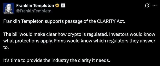 A tweet from Franklin Templeton (@FranklinTempleton) displays a verified checkmark and the message: "Franklin Templeton supports passage of the CLARITY Act. The bill would make clear how crypto is regulated. Investors would know what protections apply. Firms would know which regulators they answer to. It's time to provide the industry the clarity it needs." The image directly supports the accompanying post announcing the $1.7 trillion asset manager's endorsement of the CLARITY Act.