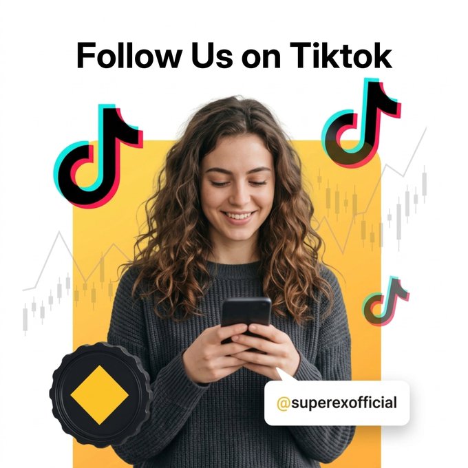 A promotional graphic for a SuperEx TikTok giveaway features a smiling woman looking at her phone, surrounded by TikTok logos and financial chart elements, with the text "Follow Us on Tiktok" and the handle "@superexofficial" displayed. The image visually encourages users to follow SuperEx on TikTok to participate in the giveaway, which offers 10 winners 5 USDT as detailed in the entry requirements.