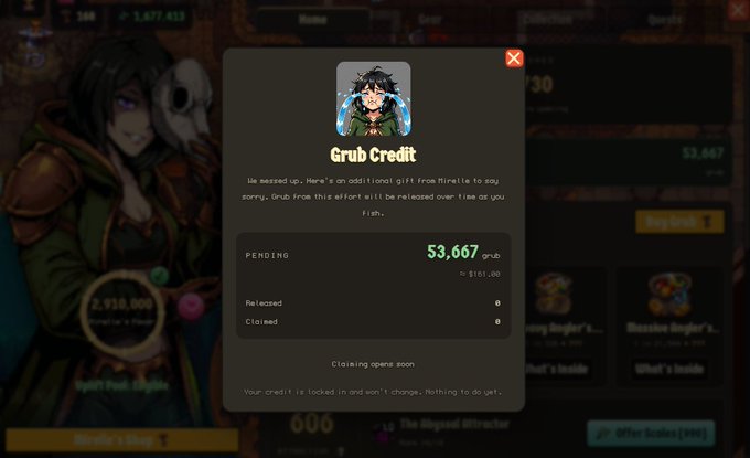 A mobile game interface showing a "Grub Credit" popup claiming 53,667 grub from Mirelle, with pending, released, and claimed amounts displayed, set against a character inventory screen.