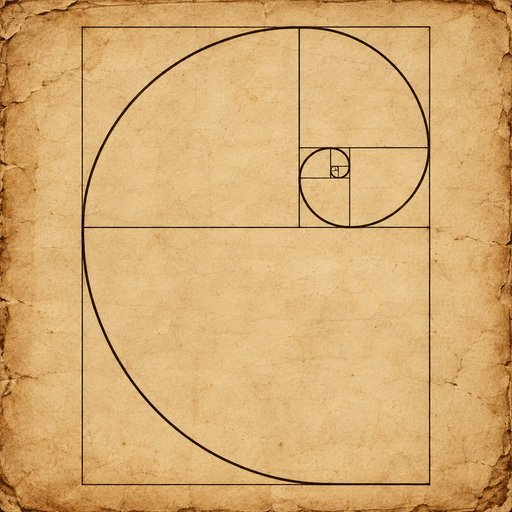 A spiral pattern of nested squares inscribed within circles, illustrating the mathematical Fibonacci sequence on a vintage parchment background.