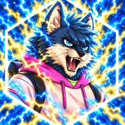 A digital illustration depicts an anthropomorphic wolf-like character in a pink hoodie, snarling with glowing blue eyes surrounded by lightning effects.