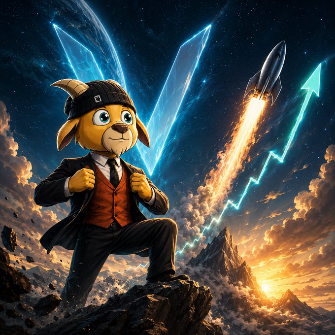 AI-generated illustration of an anthropomorphic goat character wearing a black beanie, suit, and orange vest, standing on a rocky peak with a glowing Tron logo behind it, a rocket launching, and an upward-trending blue line graph in a cosmic sky.