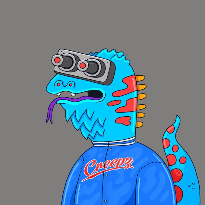 A cartoon illustration of a blue dinosaur-like creature wearing a VR headset and a blue jacket labeled 'Cneepz', with a red spotted tail visible behind it.